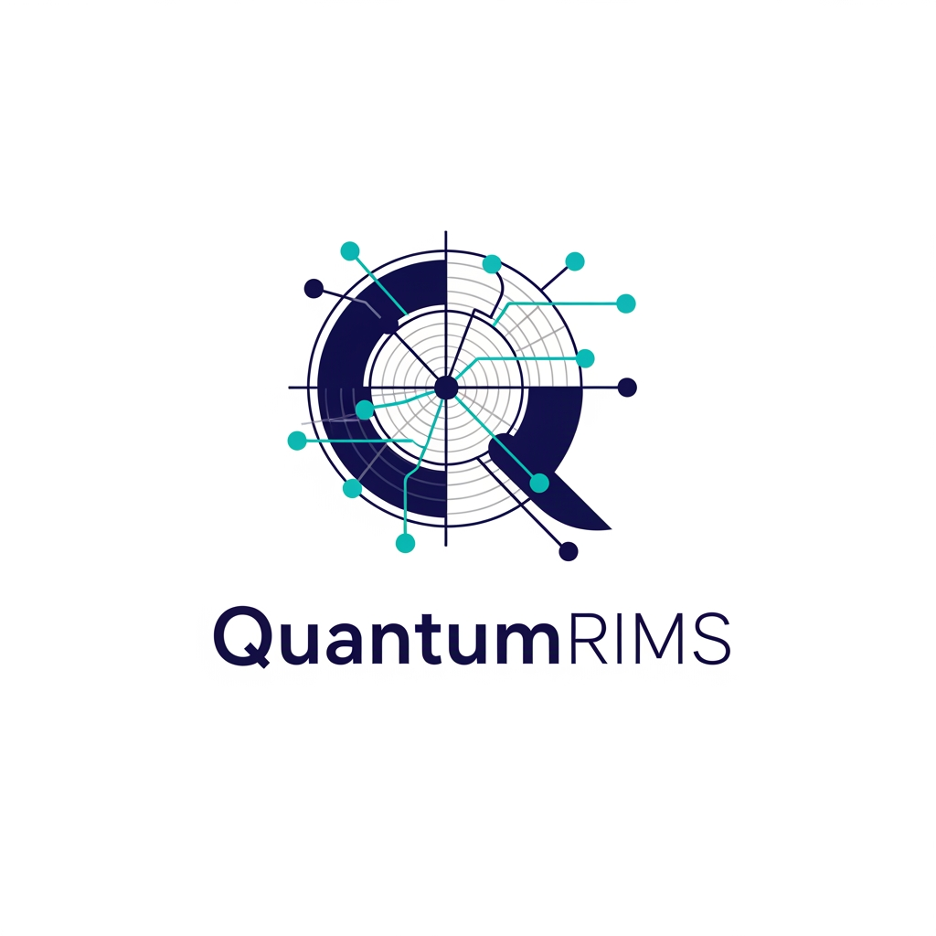 AI Design for A professional, minimalist logo design for a research information management system, featuring clean geometric shapes that symbolize data connectivity, organization, and analytical precision. The aesthetic should be modern and sophisticated, utilizing a professional color palette of deep navy blue and vibrant teal on a crisp white background, with a focus on vector-style clarity and balanced negative space. named as QuantumRIMS