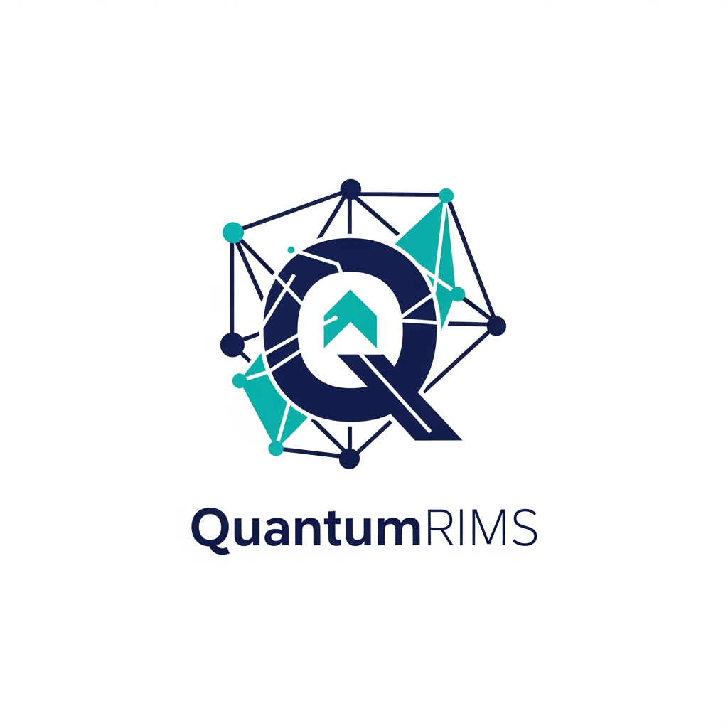 AI Design for A professional, minimalist logo design for a research information management system, featuring clean geometric shapes that symbolize data connectivity, organization, and analytical precision. The aesthetic should be modern and sophisticated, utilizing a professional color palette of deep navy blue and vibrant teal on a crisp white background, with a focus on vector-style clarity and balanced negative space. named as QuantumRIMS