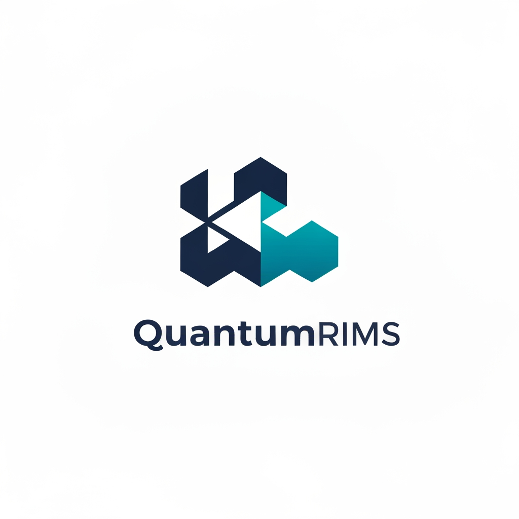 AI Design for A professional, minimalist logo design for a research information management system, featuring clean geometric shapes that symbolize data connectivity, organization, and analytical precision. The aesthetic should be modern and sophisticated, utilizing a professional color palette of deep navy blue and vibrant teal on a crisp white background, with a focus on vector-style clarity and balanced negative space. named as QuantumRIMS