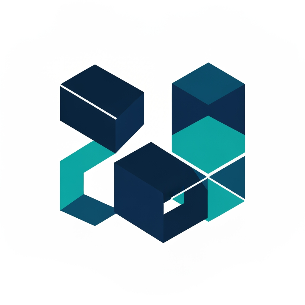AI Design for A professional, minimalist logo design for a research information management system, featuring clean geometric shapes that symbolize data connectivity, organization, and analytical precision. The aesthetic should be modern and sophisticated, utilizing a professional color palette of deep navy blue and vibrant teal on a crisp white background, with a focus on vector-style clarity and balanced negative space.