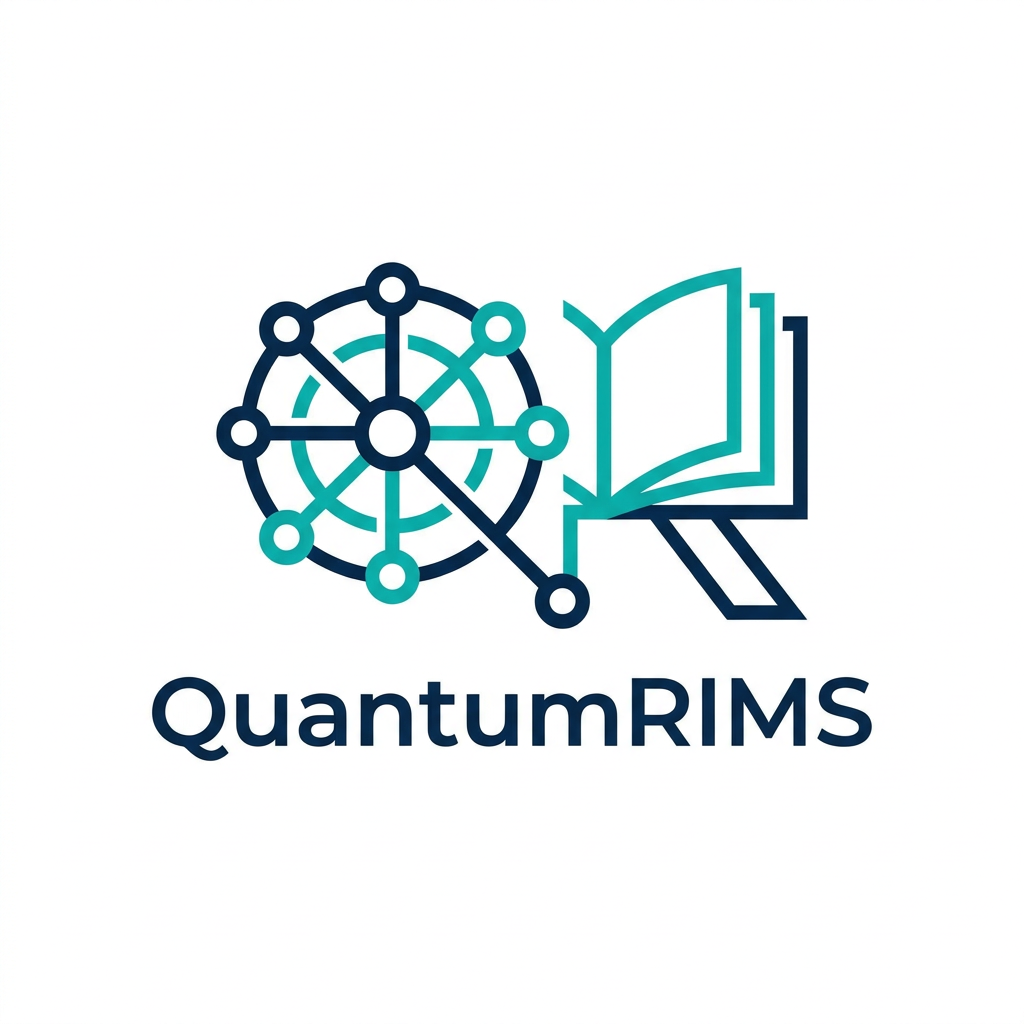 AI Design for A professional, minimalist logo design for a research information management system, featuring clean geometric shapes that symbolize data connectivity, organization, and analytical precision. The aesthetic should be modern and sophisticated, utilizing a professional color palette of deep navy blue and vibrant teal on a crisp white background, with a focus on vector-style clarity and balanced negative space. named as QuantumRIMS
