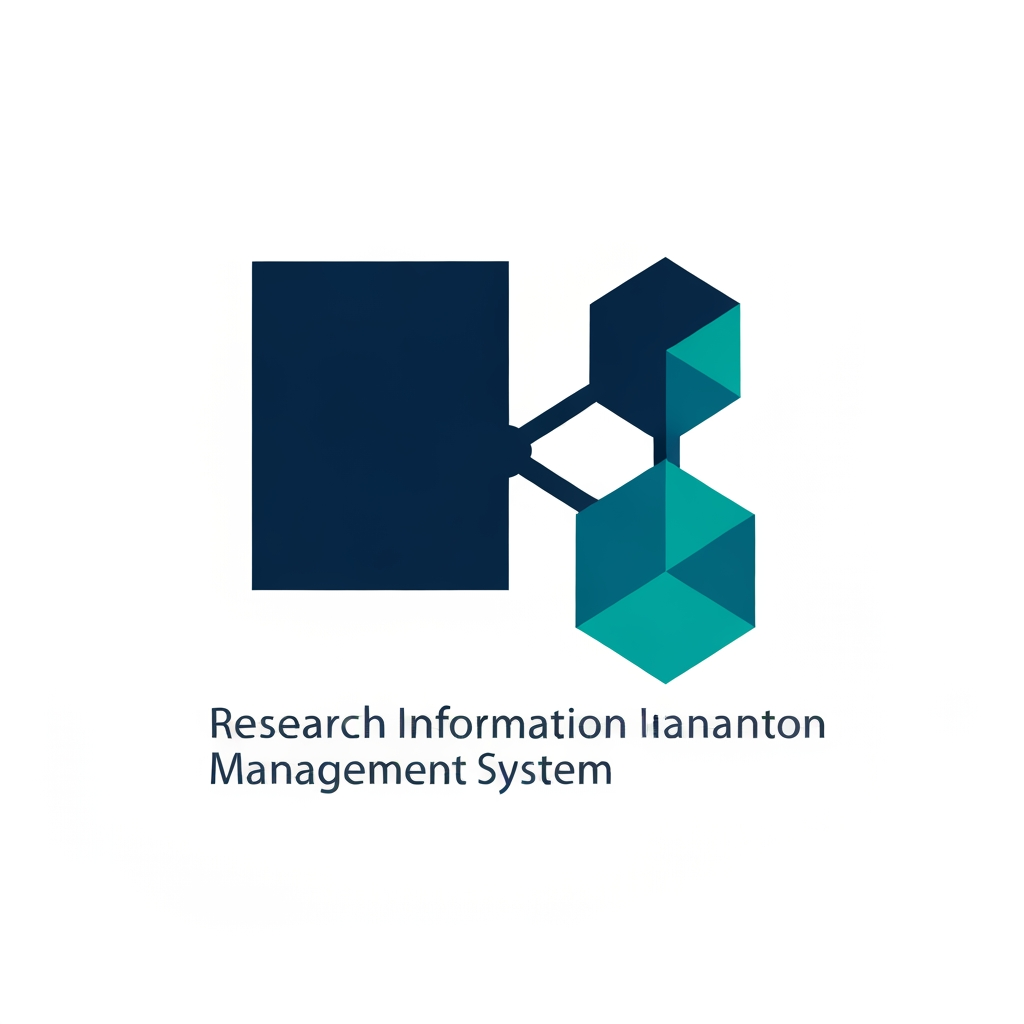 AI Design for A professional, minimalist logo design for a research information management system, featuring clean geometric shapes that symbolize data connectivity, organization, and analytical precision. The aesthetic should be modern and sophisticated, utilizing a professional color palette of deep navy blue and vibrant teal on a crisp white background, with a focus on vector-style clarity and balanced negative space.