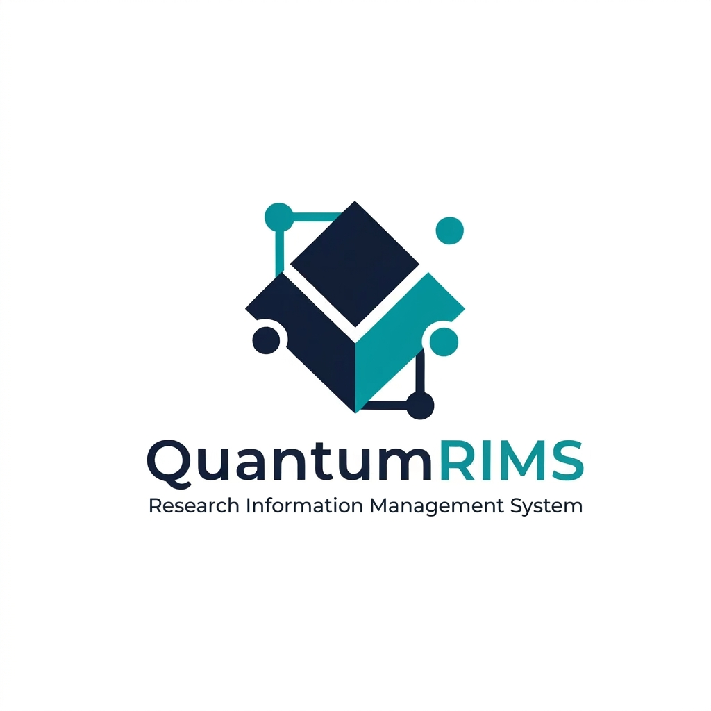 AI Design for A professional, minimalist logo design for a research information management system, featuring clean geometric shapes that symbolize data connectivity, organization, and analytical precision. The aesthetic should be modern and sophisticated, utilizing a professional color palette of deep navy blue and vibrant teal on a crisp white background, with a focus on vector-style clarity and balanced negative space. named as QuantumRIMS