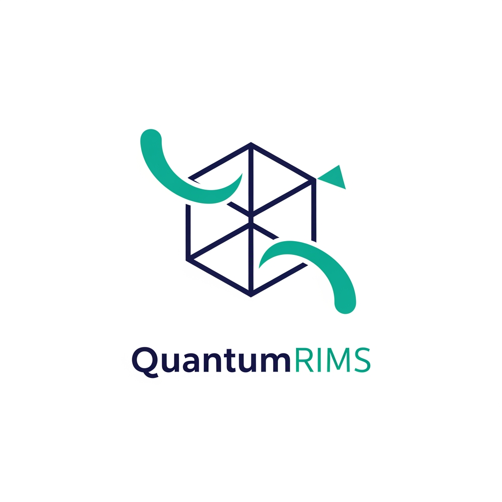 AI Design for A professional, minimalist logo design for a research information management system, featuring clean geometric shapes that symbolize data connectivity, organization, and analytical precision. The aesthetic should be modern and sophisticated, utilizing a professional color palette of deep navy blue and vibrant teal on a crisp white background, with a focus on vector-style clarity and balanced negative space. named as QuantumRIMS