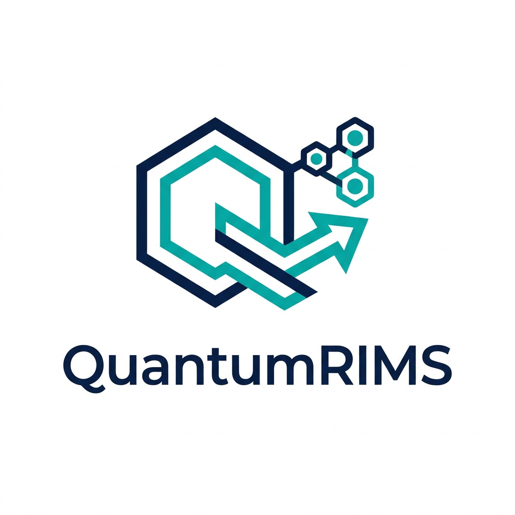 AI Design for A professional, minimalist logo design for a research information management system, featuring clean geometric shapes that symbolize data connectivity, organization, and analytical precision. The aesthetic should be modern and sophisticated, utilizing a professional color palette of deep navy blue and vibrant teal on a crisp white background, with a focus on vector-style clarity and balanced negative space. named as QuantumRIMS