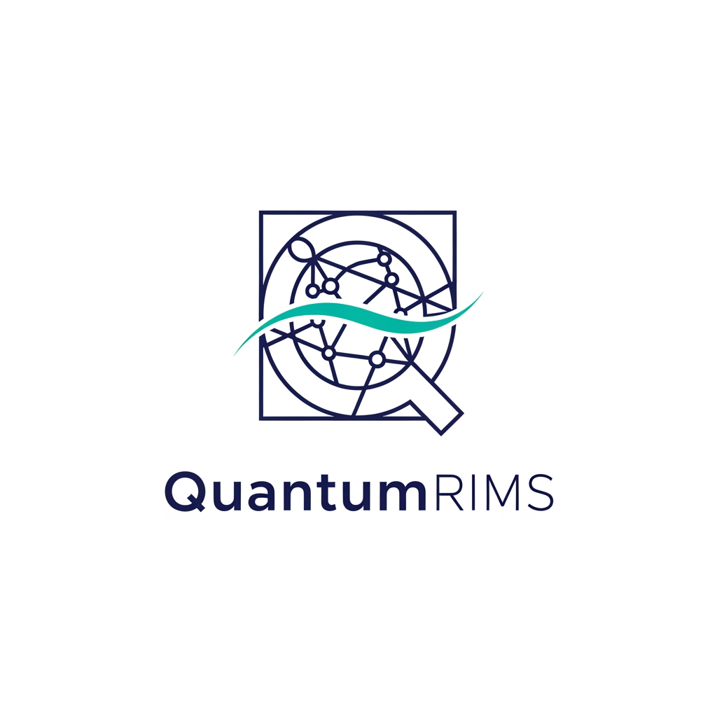 AI Design for A professional, minimalist logo design for a research information management system, featuring clean geometric shapes that symbolize data connectivity, organization, and analytical precision. The aesthetic should be modern and sophisticated, utilizing a professional color palette of deep navy blue and vibrant teal on a crisp white background, with a focus on vector-style clarity and balanced negative space. named as QuantumRIMS