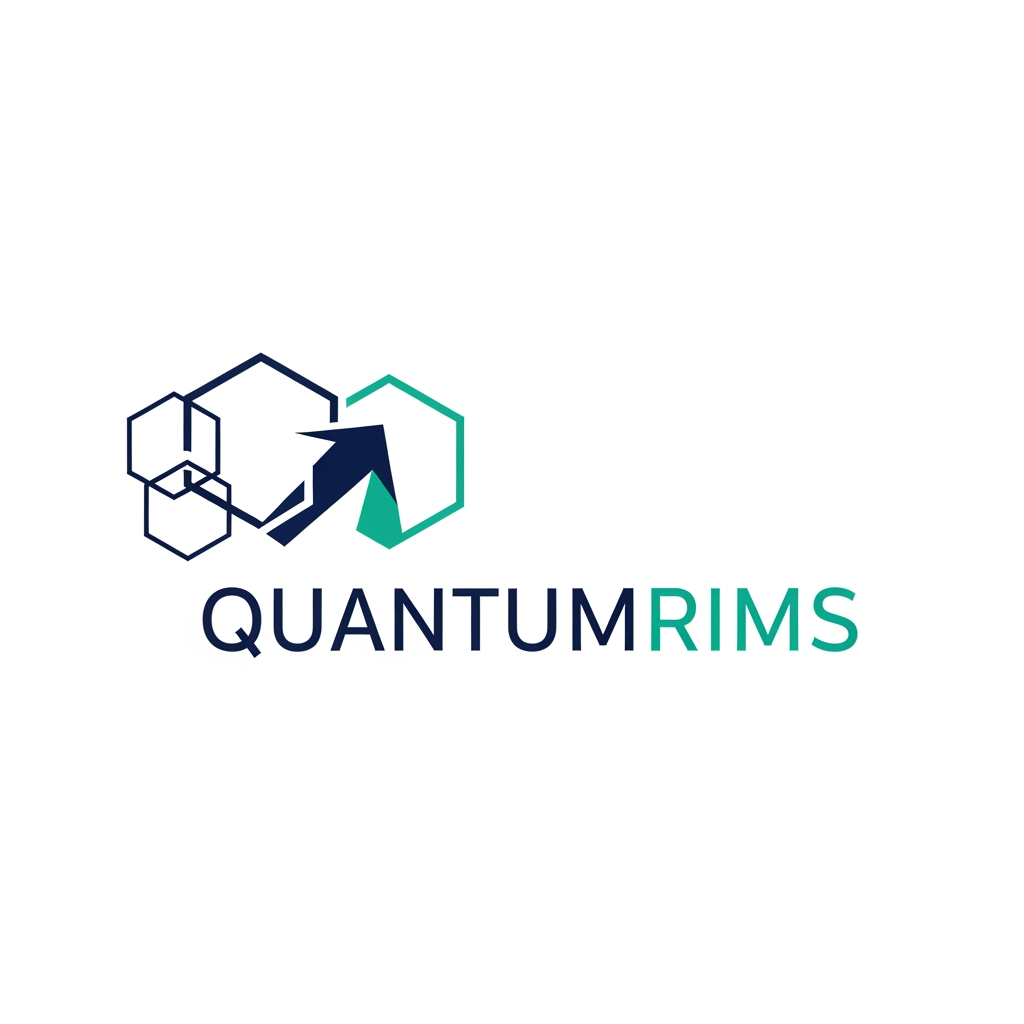 AI Design for A professional, minimalist logo design for a research information management system, featuring clean geometric shapes that symbolize data connectivity, organization, and analytical precision. The aesthetic should be modern and sophisticated, utilizing a professional color palette of deep navy blue and vibrant teal on a crisp white background, with a focus on vector-style clarity and balanced negative space. named as QuantumRIMS