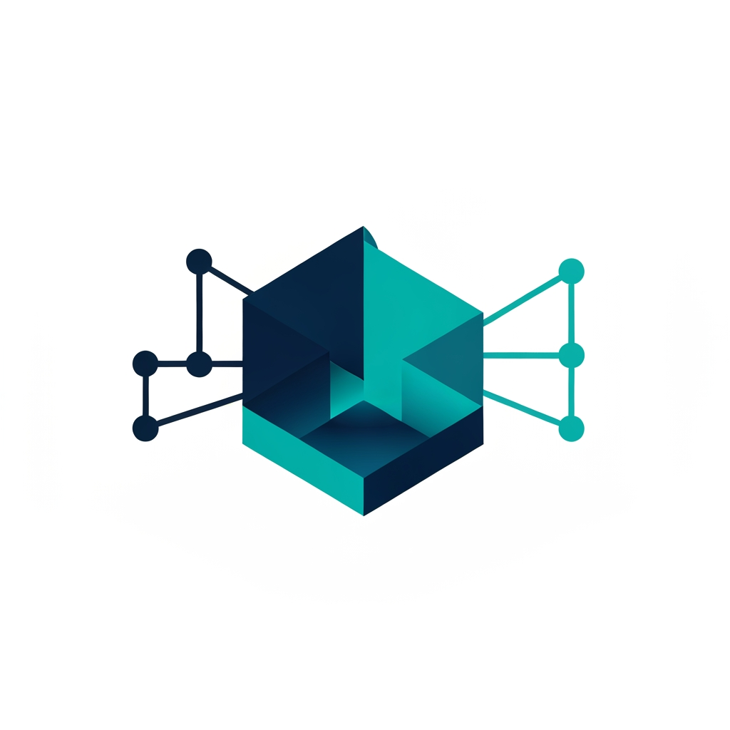 AI Design for A professional, minimalist logo design for a research information management system, featuring clean geometric shapes that symbolize data connectivity, organization, and analytical precision. The aesthetic should be modern and sophisticated, utilizing a professional color palette of deep navy blue and vibrant teal on a crisp white background, with a focus on vector-style clarity and balanced negative space.