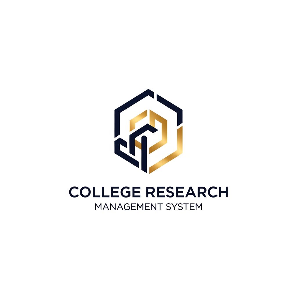 AI Design for A professional and minimalist logo design for a college research management system. The emblem features clean, interlocking geometric shapes representing data nodes and academic growth, rendered in a sophisticated palette of deep navy blue and metallic academic gold. Set against a pristine white background, the design utilizes sharp, high-end vector lines and modern, balanced typography to convey precision, intelligence, and academic excellence.