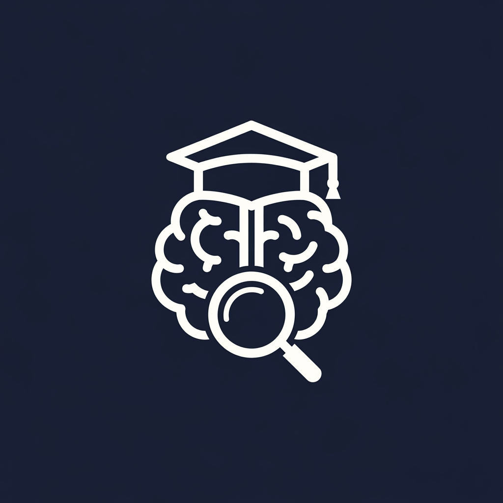 AI Design for A minimalist, modern vector logo design for a research management system, featuring a clever integration of a stylized human brain, a graduation cap, and a magnifying glass icon. The logo uses clean geometric lines and a professional color palette of deep navy blue and crisp white, set against a solid background to emphasize clarity and academic precision. High-contrast, scalable, and sophisticated brand identity style.
