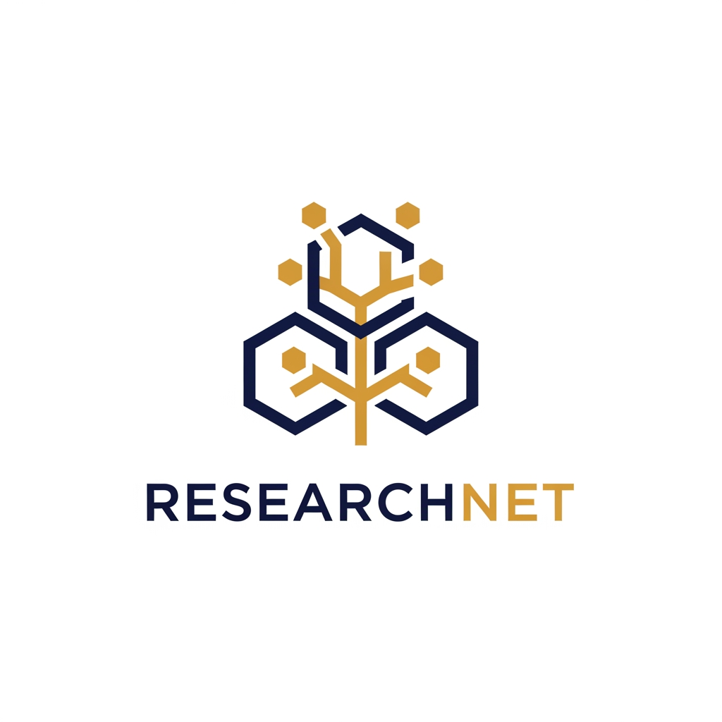 AI Design for A professional and minimalist logo design for a college research management system. The emblem features clean, interlocking geometric shapes representing data nodes and academic growth, rendered in a sophisticated palette of deep navy blue and metallic academic gold. Set against a pristine white background, the design utilizes sharp, high-end vector lines and modern, balanced typography to convey precision, intelligence, and academic excellence.