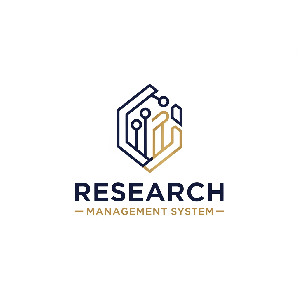 AI Design for A professional and minimalist logo design for a college research management system. The emblem features clean, interlocking geometric shapes representing data nodes and academic growth, rendered in a sophisticated palette of deep navy blue and metallic academic gold. Set against a pristine white background, the design utilizes sharp, high-end vector lines and modern, balanced typography to convey precision, intelligence, and academic excellence.