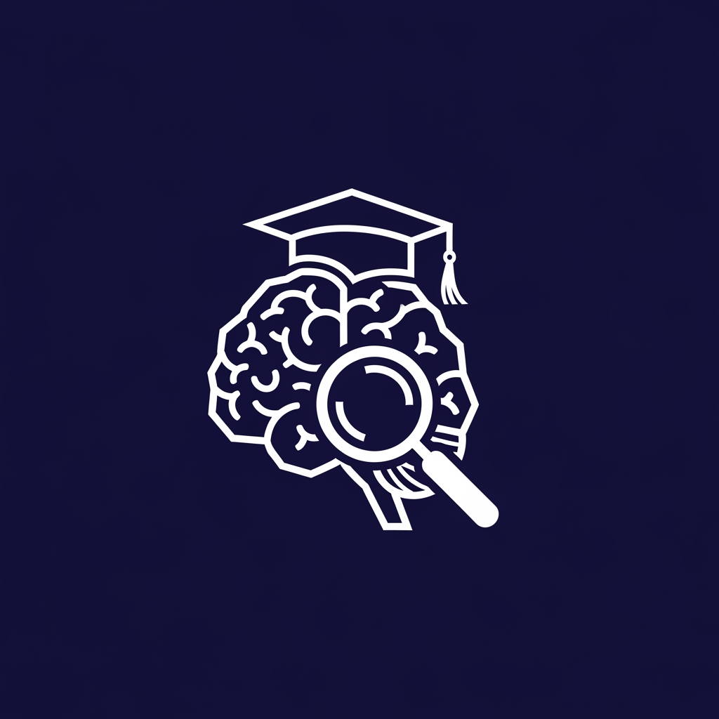 AI Design for A minimalist, modern vector logo design for a research management system, featuring a clever integration of a stylized human brain, a graduation cap, and a magnifying glass icon. The logo uses clean geometric lines and a professional color palette of deep navy blue and crisp white, set against a solid background to emphasize clarity and academic precision. High-contrast, scalable, and sophisticated brand identity style.