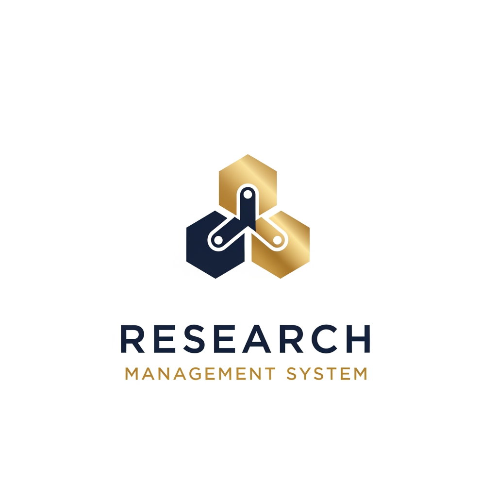 AI Design for A professional and minimalist logo design for a college research management system. The emblem features clean, interlocking geometric shapes representing data nodes and academic growth, rendered in a sophisticated palette of deep navy blue and metallic academic gold. Set against a pristine white background, the design utilizes sharp, high-end vector lines and modern, balanced typography to convey precision, intelligence, and academic excellence.