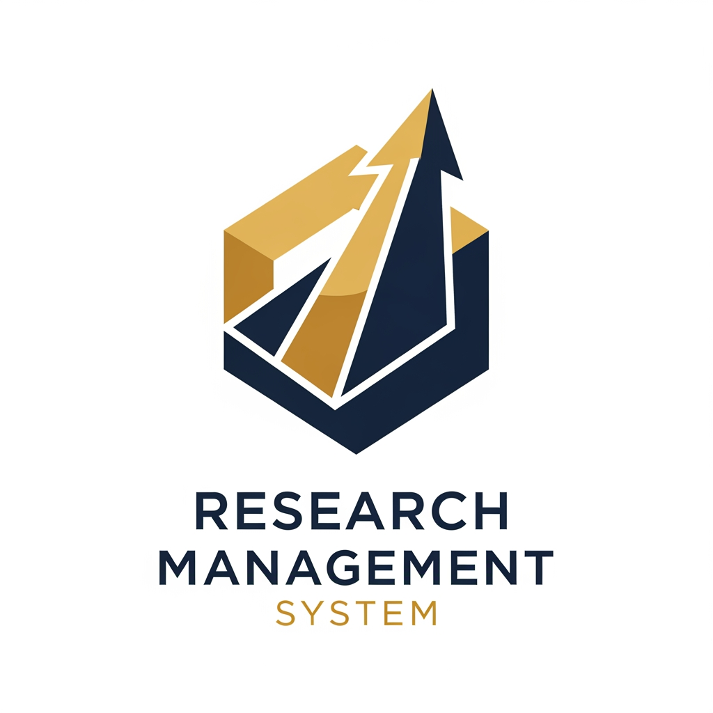 AI Design for A professional and minimalist logo design for a college research management system. The emblem features clean, interlocking geometric shapes representing data nodes and academic growth, rendered in a sophisticated palette of deep navy blue and metallic academic gold. Set against a pristine white background, the design utilizes sharp, high-end vector lines and modern, balanced typography to convey precision, intelligence, and academic excellence.