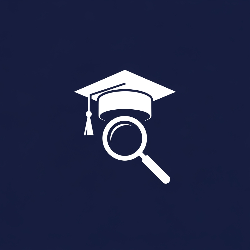 AI Design for A minimalist, modern vector logo design for a research management system, featuring a clever integration , a graduation cap, and a magnifying glass icon. The logo uses clean geometric lines and a professional color palette of deep navy blue and crisp white, set against a solid background to emphasize clarity and academic precision. High-contrast, scalable, and sophisticated brand identity style.