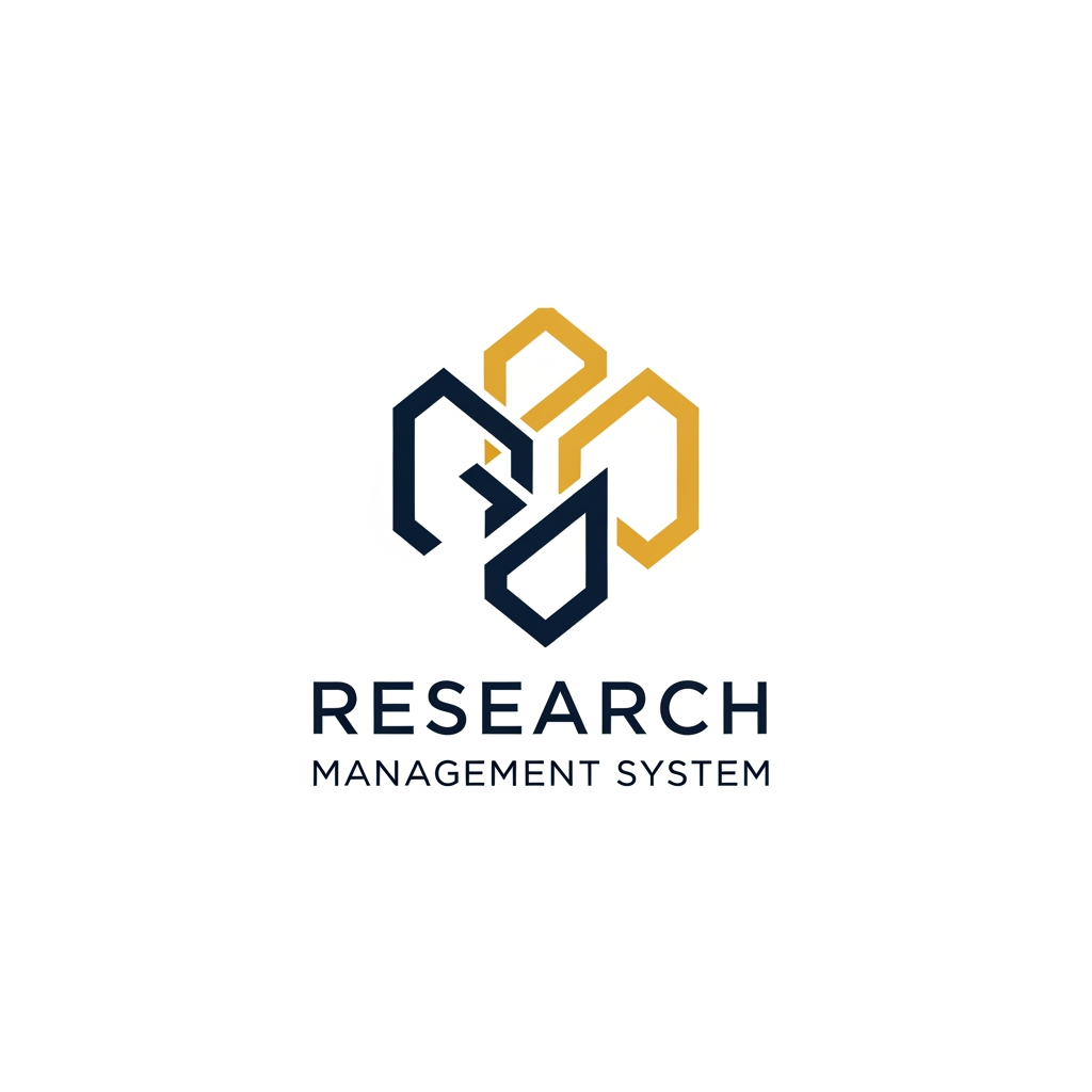 AI Design for A professional and minimalist logo design for a college research management system. The emblem features clean, interlocking geometric shapes representing data nodes and academic growth, rendered in a sophisticated palette of deep navy blue and metallic academic gold. Set against a pristine white background, the design utilizes sharp, high-end vector lines and modern, balanced typography to convey precision, intelligence, and academic excellence.