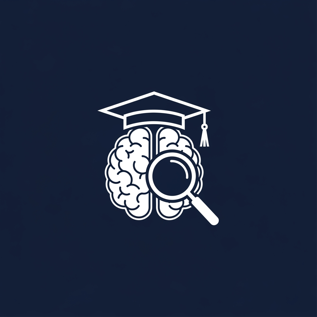 AI Design for A minimalist, modern vector logo design for a research management system, featuring a clever integration of a stylized human brain, a graduation cap, and a magnifying glass icon. The logo uses clean geometric lines and a professional color palette of deep navy blue and crisp white, set against a solid background to emphasize clarity and academic precision. High-contrast, scalable, and sophisticated brand identity style.