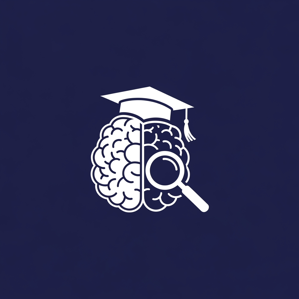 AI Design for A minimalist, modern vector logo design for a research management system, featuring a clever integration of a stylized human brain, a graduation cap, and a magnifying glass icon. The logo uses clean geometric lines and a professional color palette of deep navy blue and crisp white, set against a solid background to emphasize clarity and academic precision. High-contrast, scalable, and sophisticated brand identity style.