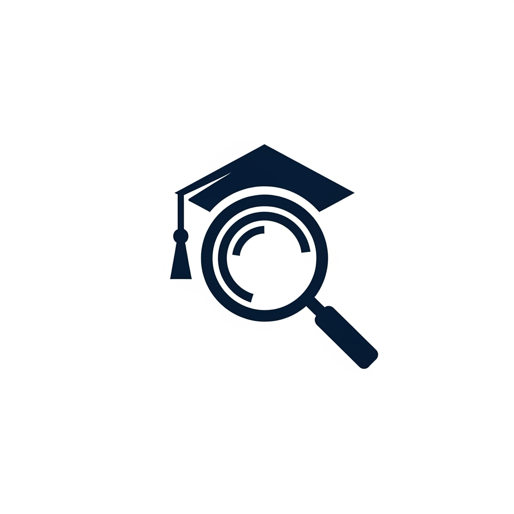 AI Design for A minimalist, modern vector logo design for a research management system, featuring a clever integration , a graduation cap, and a magnifying glass icon. The logo uses clean geometric lines and a professional color palette of deep navy blue and crisp white, set against a solid background to emphasize clarity and academic precision. High-contrast, scalable, and sophisticated brand identity style.
