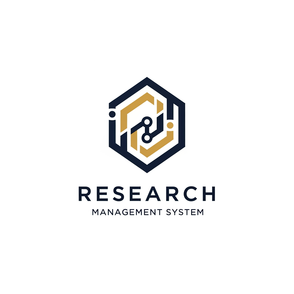 AI Design for A professional and minimalist logo design for a college research management system. The emblem features clean, interlocking geometric shapes representing data nodes and academic growth, rendered in a sophisticated palette of deep navy blue and metallic academic gold. Set against a pristine white background, the design utilizes sharp, high-end vector lines and modern, balanced typography to convey precision, intelligence, and academic excellence.
