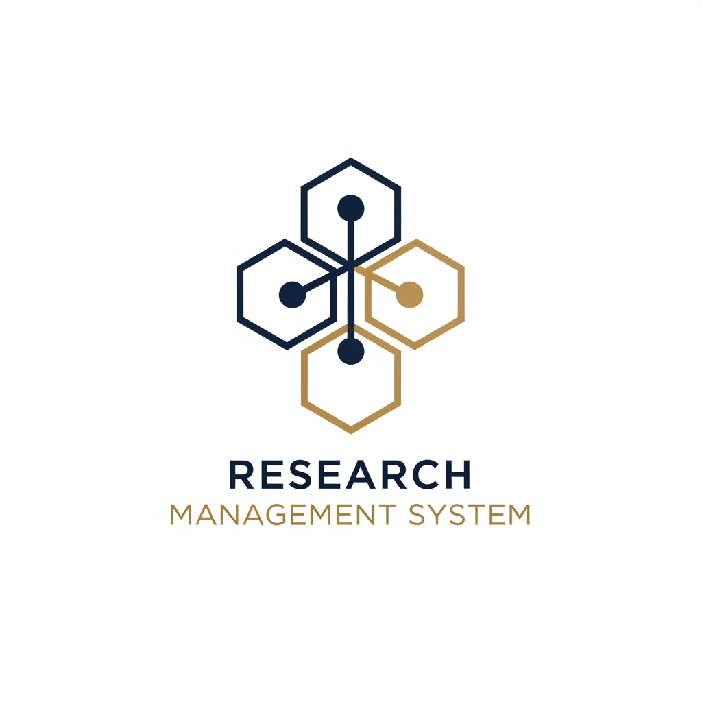 AI Design for A professional and minimalist logo design for a college research management system. The emblem features clean, interlocking geometric shapes representing data nodes and academic growth, rendered in a sophisticated palette of deep navy blue and metallic academic gold. Set against a pristine white background, the design utilizes sharp, high-end vector lines and modern, balanced typography to convey precision, intelligence, and academic excellence.
