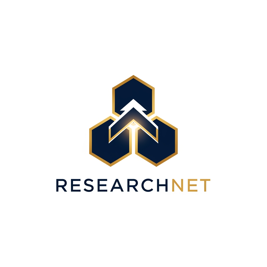 AI Design for A professional and minimalist logo design for a college research management system. The emblem features clean, interlocking geometric shapes representing data nodes and academic growth, rendered in a sophisticated palette of deep navy blue and metallic academic gold. Set against a pristine white background, the design utilizes sharp, high-end vector lines and modern, balanced typography to convey precision, intelligence, and academic excellence.