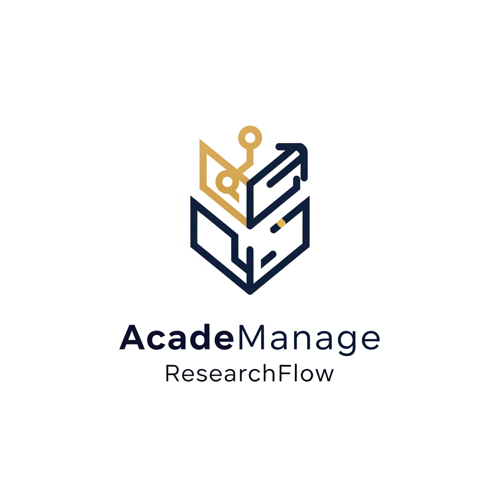 AI Design for A professional and minimalist logo design for a college research management system. The emblem features clean, interlocking geometric shapes representing data nodes and academic growth, rendered in a sophisticated palette of deep navy blue and metallic academic gold. Set against a pristine white background, the design utilizes sharp, high-end vector lines and modern, balanced typography to convey precision, intelligence, and academic excellence.