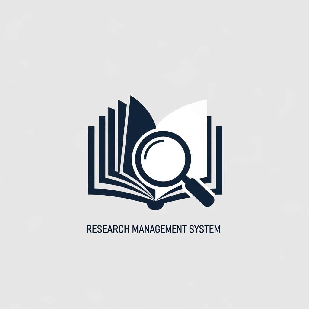 AI Design for A minimalist, modern vector logo design for a research management system, featuring a clever integration The logo uses clean geometric lines and a professional color palette of deep navy blue and crisp white, set against a solid background to emphasize clarity and academic precision. High-contrast, scalable, and sophisticated brand identity style.