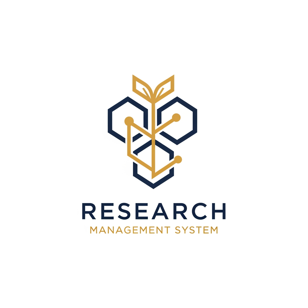 AI Design for A professional and minimalist logo design for a college research management system. The emblem features clean, interlocking geometric shapes representing data nodes and academic growth, rendered in a sophisticated palette of deep navy blue and metallic academic gold. Set against a pristine white background, the design utilizes sharp, high-end vector lines and modern, balanced typography to convey precision, intelligence, and academic excellence.