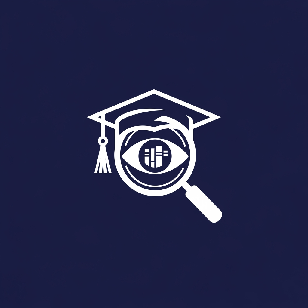 AI Design for A minimalist, modern vector logo design for a research management system, featuring a clever integration , a graduation cap, and a magnifying glass icon. The logo uses clean geometric lines and a professional color palette of deep navy blue and crisp white, set against a solid background to emphasize clarity and academic precision. High-contrast, scalable, and sophisticated brand identity style.