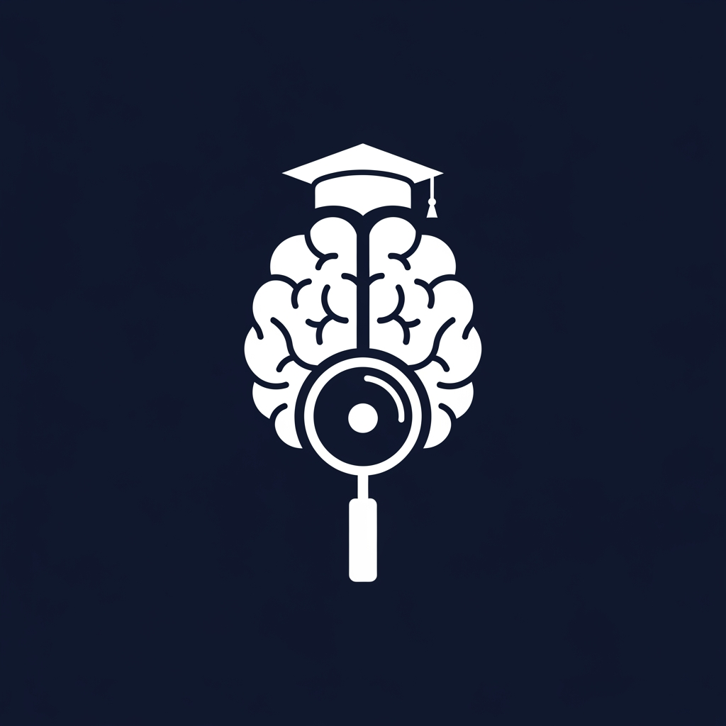 AI Design for A minimalist, modern vector logo design for a research management system, featuring a clever integration of a stylized human brain, a graduation cap, and a magnifying glass icon. The logo uses clean geometric lines and a professional color palette of deep navy blue and crisp white, set against a solid background to emphasize clarity and academic precision. High-contrast, scalable, and sophisticated brand identity style.