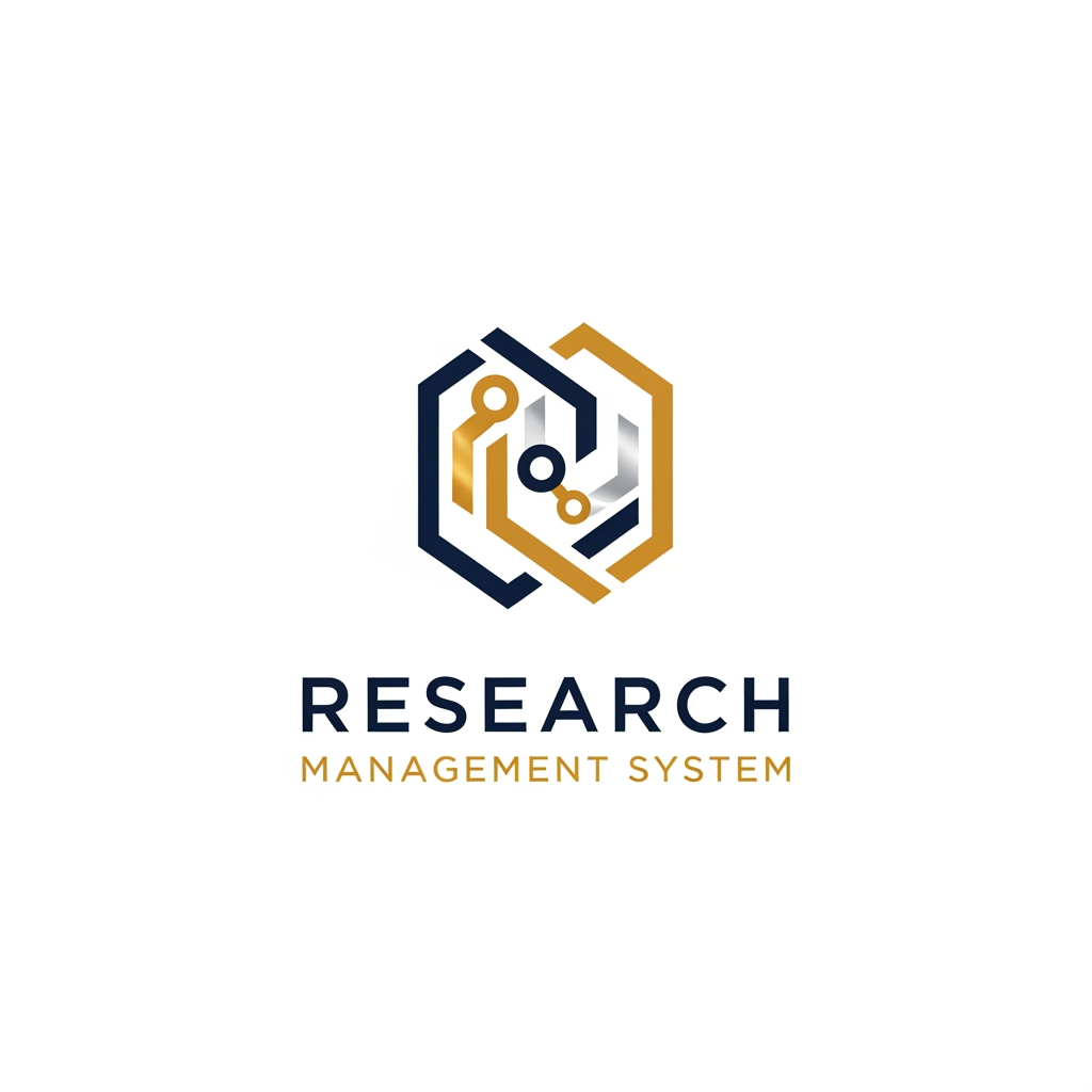 AI Design for A professional and minimalist logo design for a college research management system. The emblem features clean, interlocking geometric shapes representing data nodes and academic growth, rendered in a sophisticated palette of deep navy blue and metallic academic gold. Set against a pristine white background, the design utilizes sharp, high-end vector lines and modern, balanced typography to convey precision, intelligence, and academic excellence.