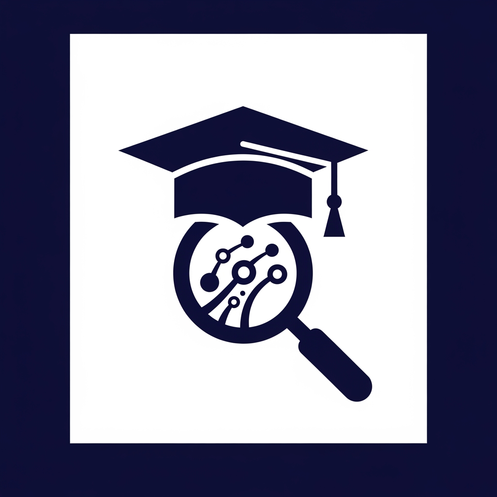 AI Design for A minimalist, modern vector logo design for a research management system, featuring a clever integration , a graduation cap, and a magnifying glass icon. The logo uses clean geometric lines and a professional color palette of deep navy blue and crisp white, set against a solid background to emphasize clarity and academic precision. High-contrast, scalable, and sophisticated brand identity style.