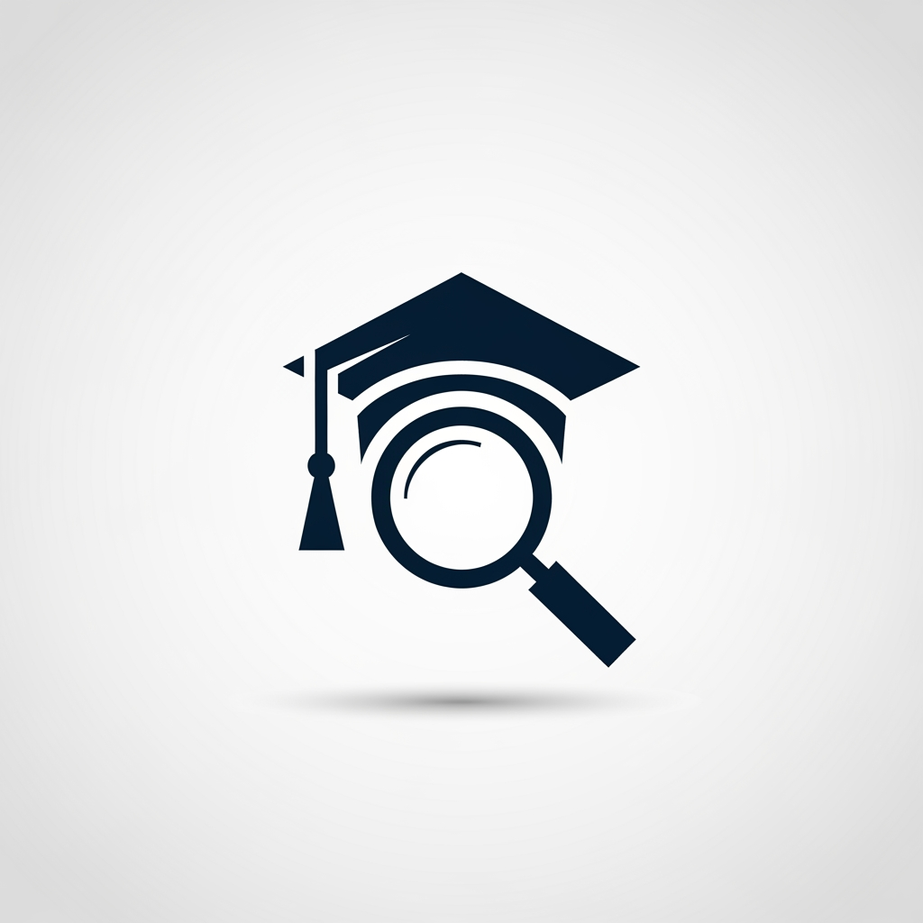 AI Design for A minimalist, modern vector logo design for a research management system, featuring a clever integration , a graduation cap, and a magnifying glass icon. The logo uses clean geometric lines and a professional color palette of deep navy blue and crisp white, set against a solid background to emphasize clarity and academic precision. High-contrast, scalable, and sophisticated brand identity style.