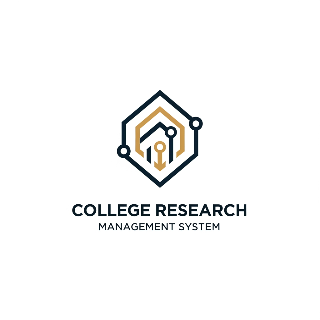AI Design for A professional and minimalist logo design for a college research management system. The emblem features clean, interlocking geometric shapes representing data nodes and academic growth, rendered in a sophisticated palette of deep navy blue and metallic academic gold. Set against a pristine white background, the design utilizes sharp, high-end vector lines and modern, balanced typography to convey precision, intelligence, and academic excellence.