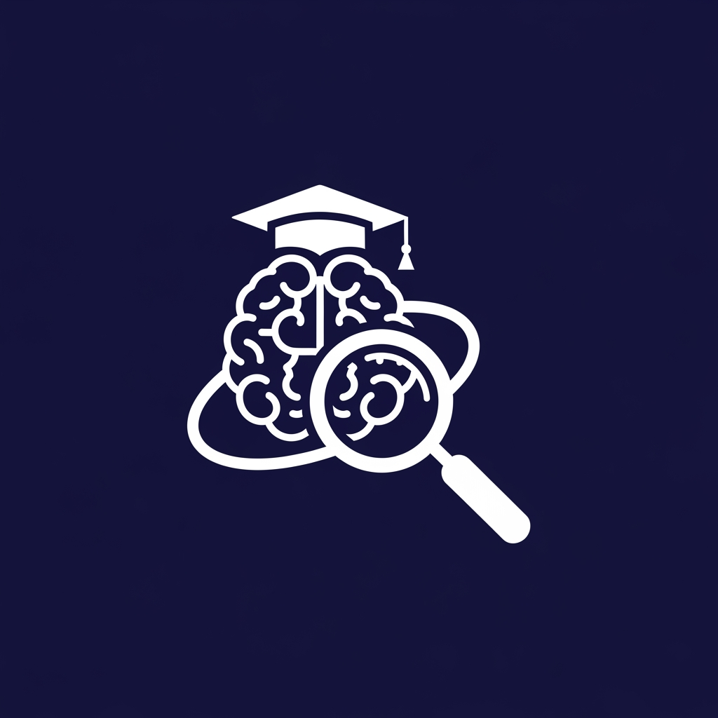 AI Design for A minimalist, modern vector logo design for a research management system, featuring a clever integration of a stylized human brain, a graduation cap, and a magnifying glass icon. The logo uses clean geometric lines and a professional color palette of deep navy blue and crisp white, set against a solid background to emphasize clarity and academic precision. High-contrast, scalable, and sophisticated brand identity style.