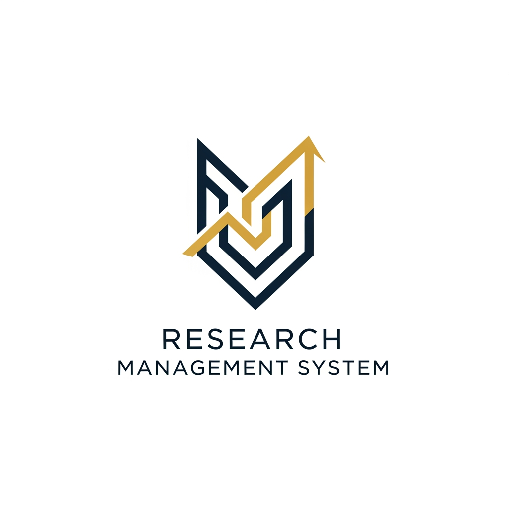 AI Design for A professional and minimalist logo design for a college research management system. The emblem features clean, interlocking geometric shapes representing data nodes and academic growth, rendered in a sophisticated palette of deep navy blue and metallic academic gold. Set against a pristine white background, the design utilizes sharp, high-end vector lines and modern, balanced typography to convey precision, intelligence, and academic excellence.