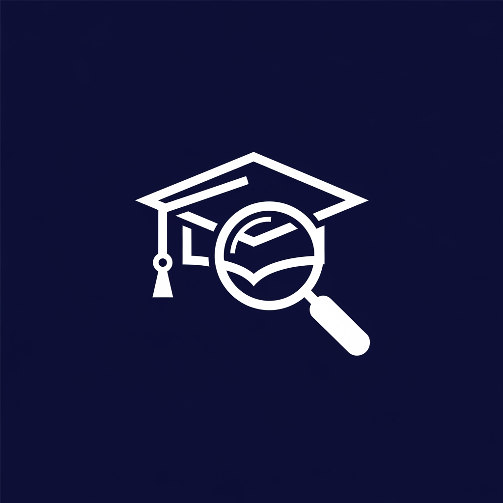 AI Design for A minimalist, modern vector logo design for a research management system, featuring a clever integration , a graduation cap, and a magnifying glass icon. The logo uses clean geometric lines and a professional color palette of deep navy blue and crisp white, set against a solid background to emphasize clarity and academic precision. High-contrast, scalable, and sophisticated brand identity style.