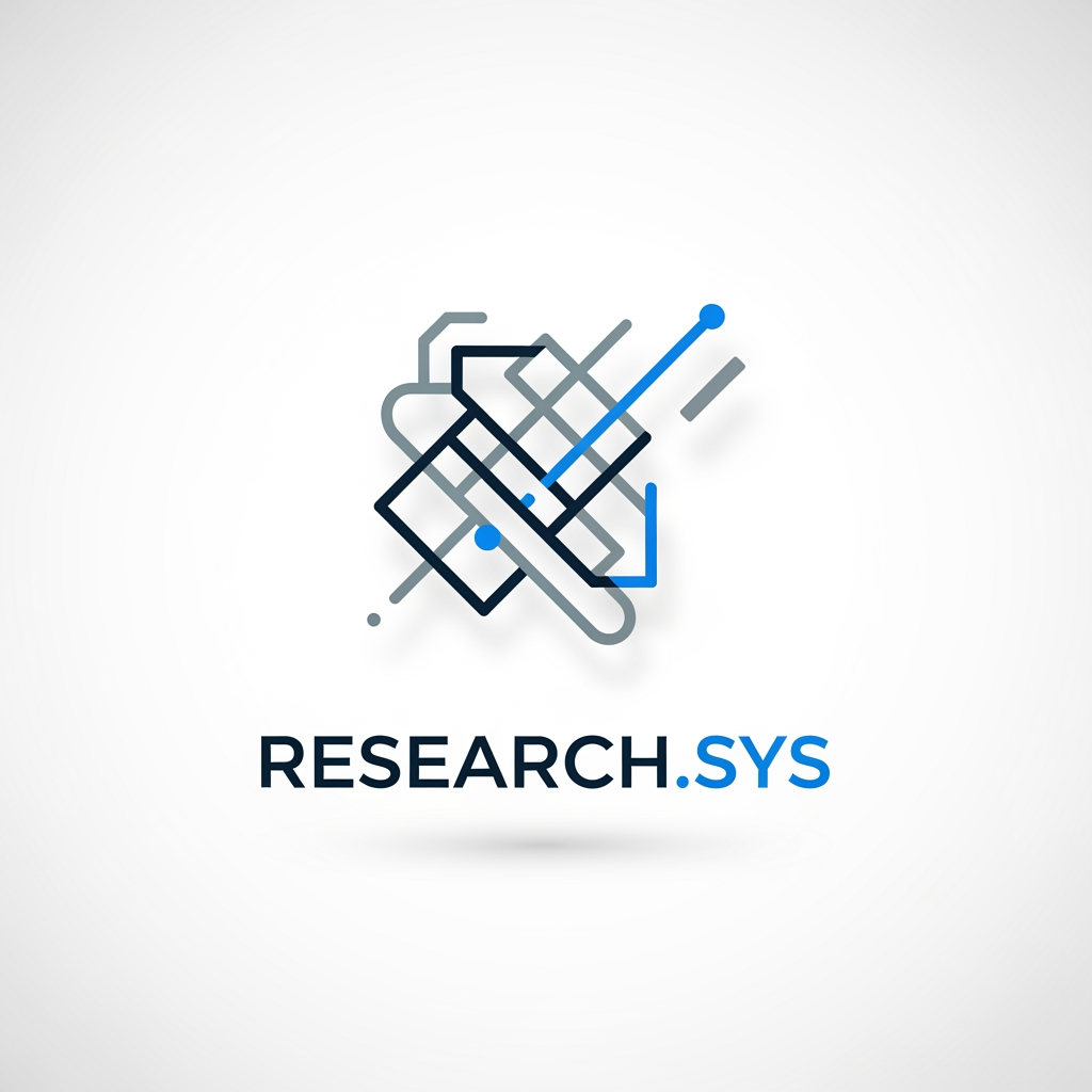 AI Design for A sleek, minimalist logo design for a research management system, featuring clean geometric lines and a sophisticated abstract icon representing data organization and discovery. The aesthetic is modern and professional, utilizing a refined color palette of deep navy, muted slate, and vibrant electric blue accents against a clean white background. High-end UI design style with soft drop shadows and balanced negative space to convey efficiency, precision, and technical innovation.