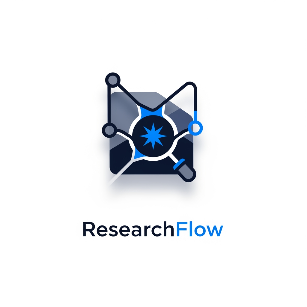 AI Design for A sleek, minimalist logo design for a research management system, featuring clean geometric lines and a sophisticated abstract icon representing data organization and discovery. The aesthetic is modern and professional, utilizing a refined color palette of deep navy, muted slate, and vibrant electric blue accents against a clean white background. High-end UI design style with soft drop shadows and balanced negative space to convey efficiency, precision, and technical innovation.