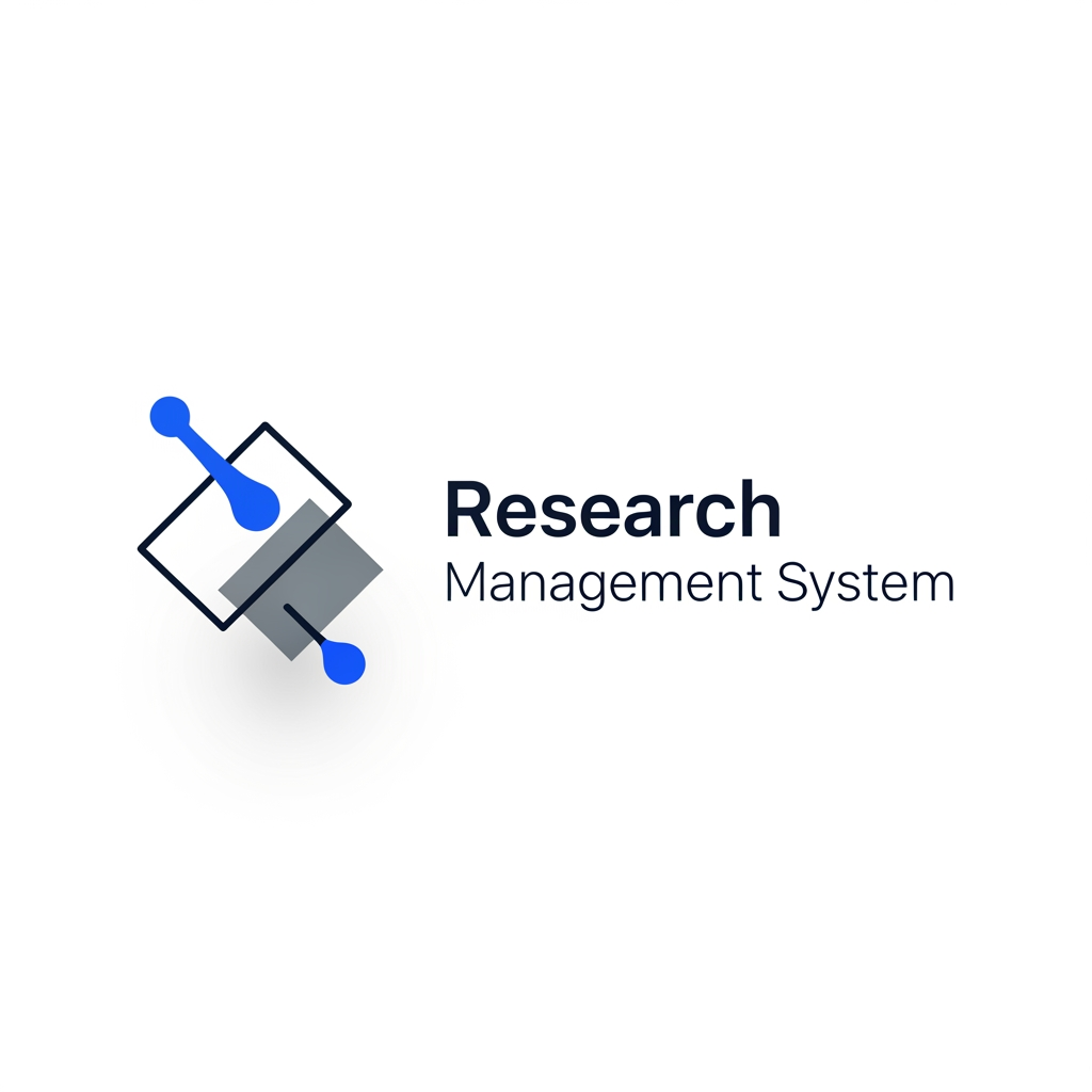 AI Design for A sleek, minimalist logo design for a research management system, featuring clean geometric lines and a sophisticated abstract icon representing data organization and discovery. The aesthetic is modern and professional, utilizing a refined color palette of deep navy, muted slate, and vibrant electric blue accents against a clean white background. High-end UI design style with soft drop shadows and balanced negative space to convey efficiency, precision, and technical innovation.