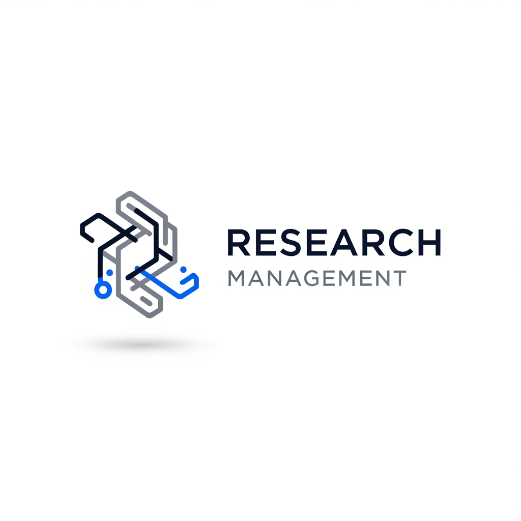 AI Design for A sleek, minimalist logo design for a research management system, featuring clean geometric lines and a sophisticated abstract icon representing data organization and discovery. The aesthetic is modern and professional, utilizing a refined color palette of deep navy, muted slate, and vibrant electric blue accents against a clean white background. High-end UI design style with soft drop shadows and balanced negative space to convey efficiency, precision, and technical innovation.