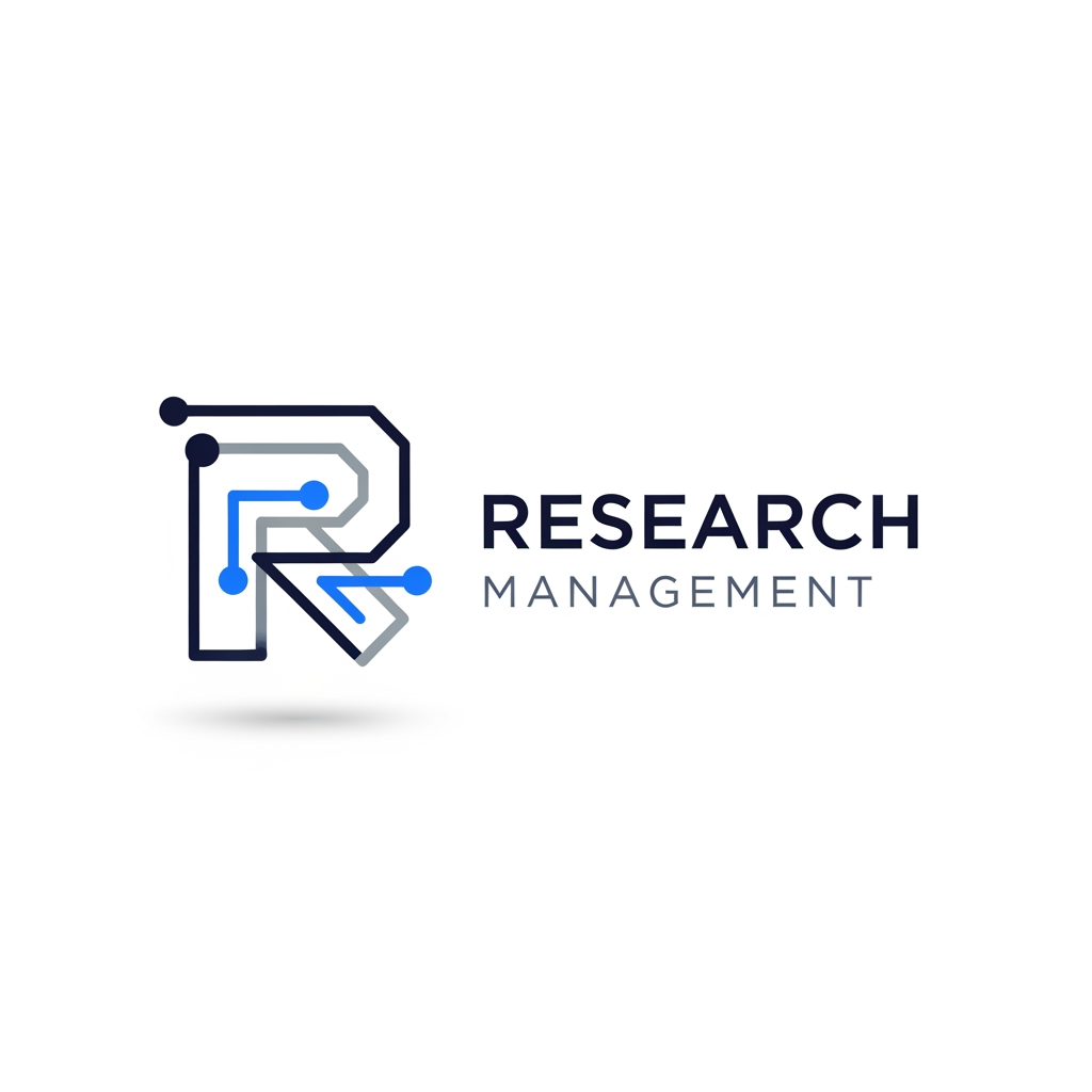 AI Design for A sleek, minimalist logo design for a research management system, featuring clean geometric lines and a sophisticated abstract icon representing data organization and discovery. The aesthetic is modern and professional, utilizing a refined color palette of deep navy, muted slate, and vibrant electric blue accents against a clean white background. High-end UI design style with soft drop shadows and balanced negative space to convey efficiency, precision, and technical innovation.