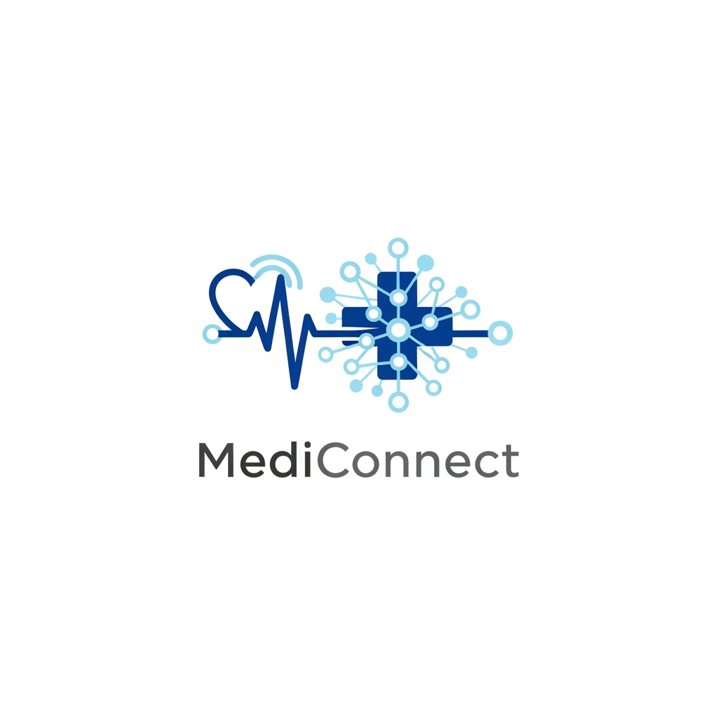 AI Design for A professional and modern logo design for a hospital management system. The aesthetic should be clean and minimalist, featuring a stylized fusion of medical iconography like a heartbeat line or cross with digital network nodes. Use a trustworthy color palette of clinical blues and soft whites, set against a clean background to convey efficiency, trust, and high-tech healthcare integration.