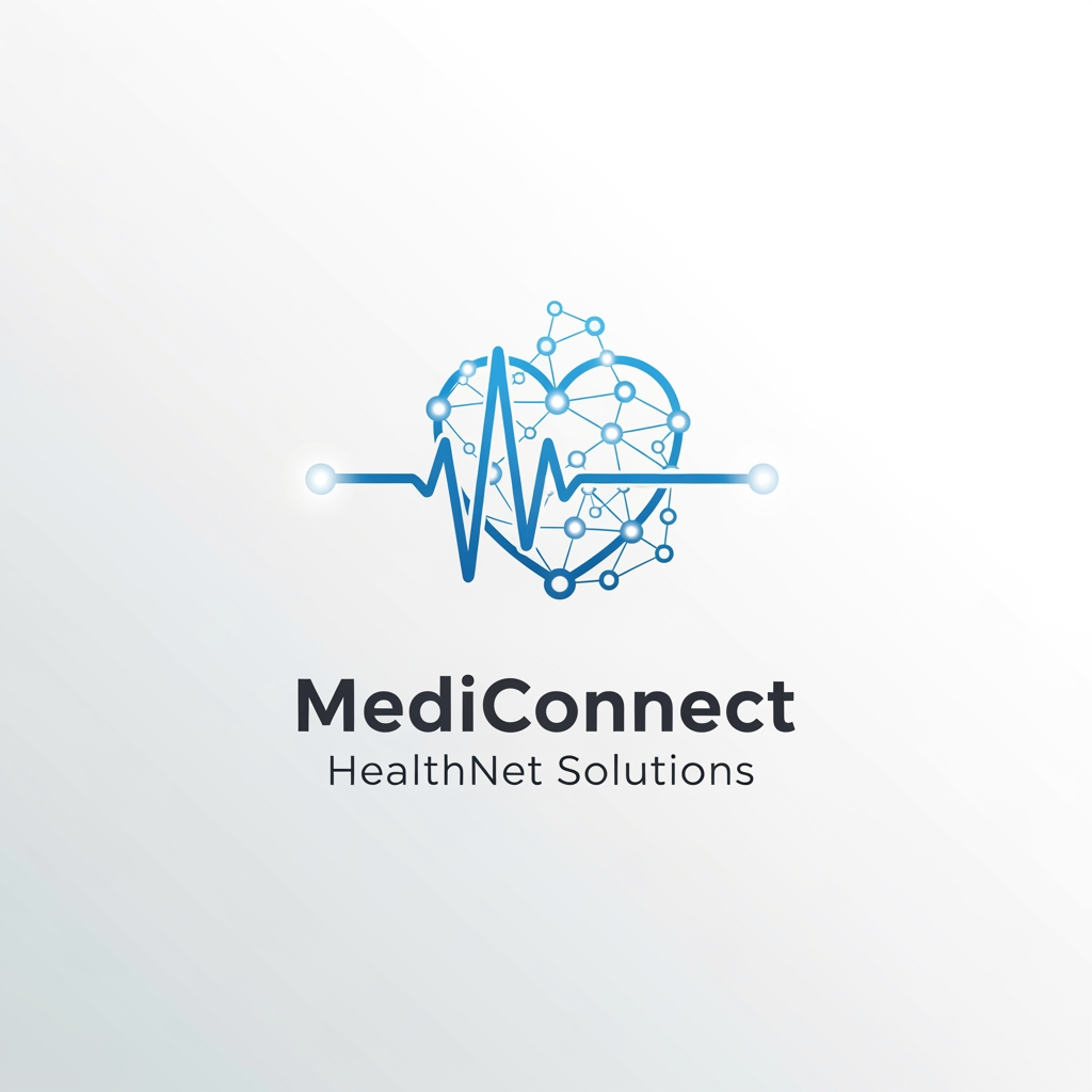 AI Design for A professional and modern logo design for a hospital management system. The aesthetic should be clean and minimalist, featuring a stylized fusion of medical iconography like a heartbeat line or cross with digital network nodes. Use a trustworthy color palette of clinical blues and soft whites, set against a clean background to convey efficiency, trust, and high-tech healthcare integration.