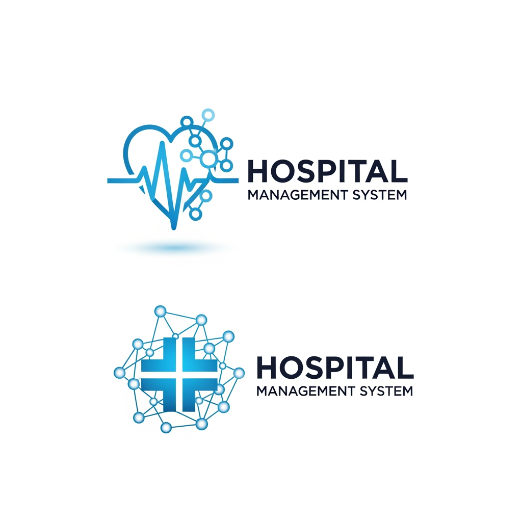 AI Design for A professional and modern logo design for a hospital management system. The aesthetic should be clean and minimalist, featuring a stylized fusion of medical iconography like a heartbeat line or cross with digital network nodes. Use a trustworthy color palette of clinical blues and soft whites, set against a clean background to convey efficiency, trust, and high-tech healthcare integration.