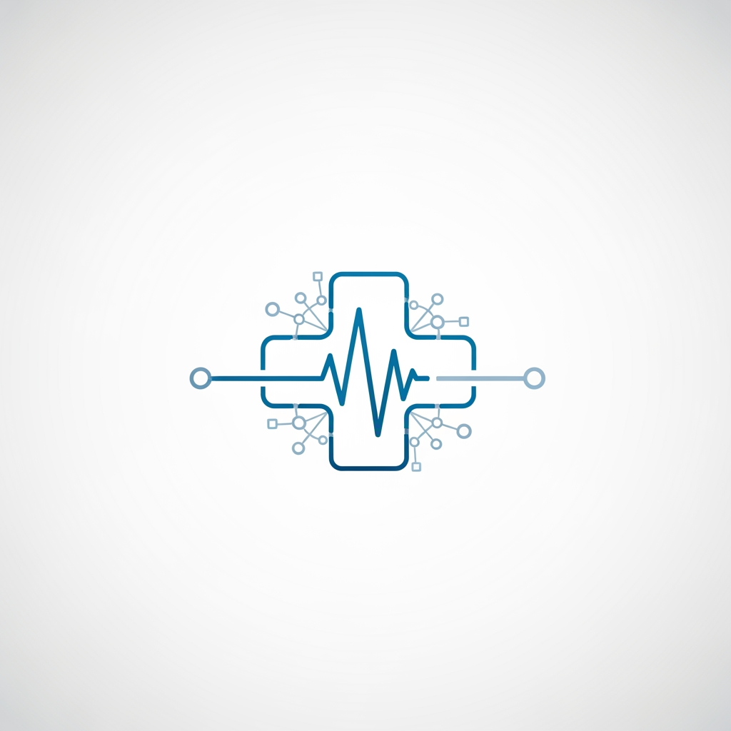 AI Design for A professional and modern logo design for a hospital management system. The aesthetic should be clean and minimalist, featuring a stylized fusion of medical iconography like a heartbeat line or cross with digital network nodes. Use a trustworthy color palette of clinical blues and soft whites, set against a clean background to convey efficiency, trust, and high-tech healthcare integration.