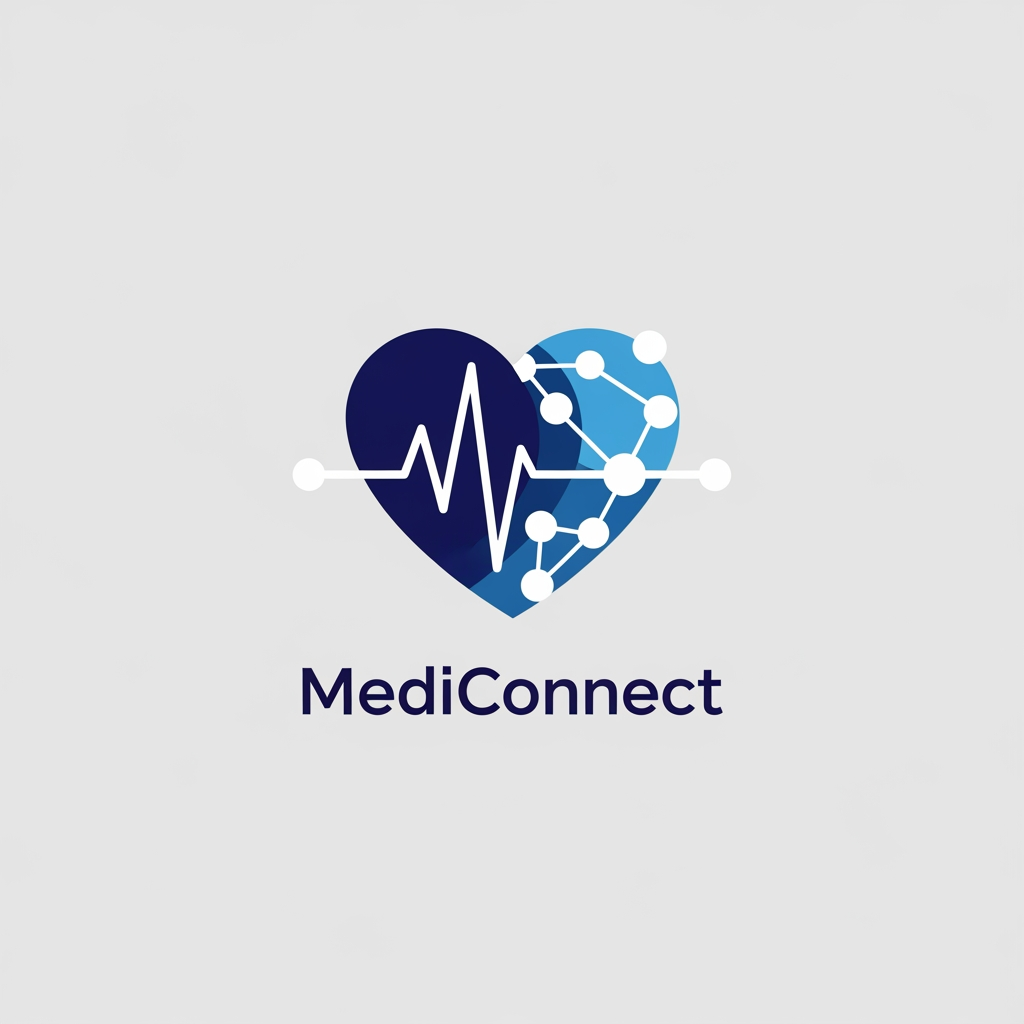 AI Design for A professional and modern logo design for a hospital management system. The aesthetic should be clean and minimalist, featuring a stylized fusion of medical iconography like a heartbeat line or cross with digital network nodes. Use a trustworthy color palette of clinical blues and soft whites, set against a clean background to convey efficiency, trust, and high-tech healthcare integration.