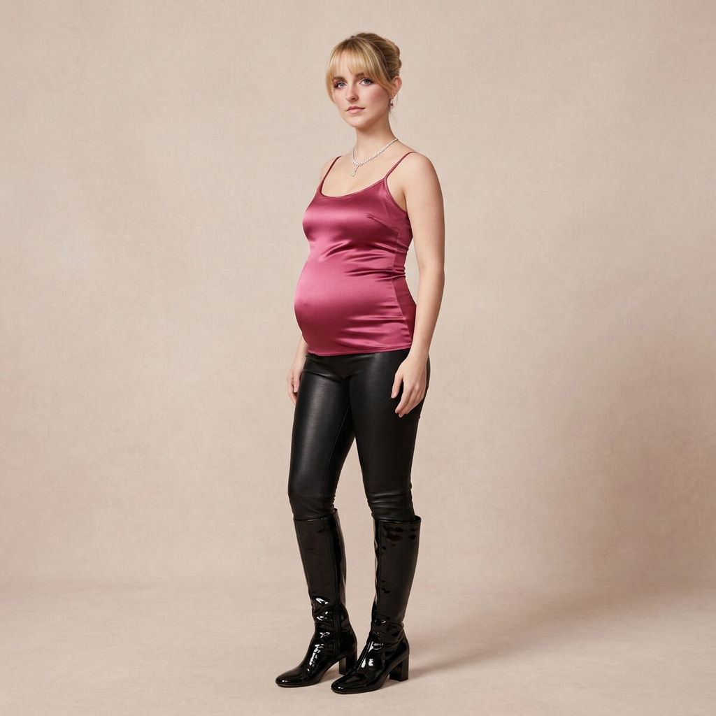 AI Design for she wears shiny and refletive fitted cami woman dark pink tank top and black leather leggings and shiny boots that reached to her knees and she is pregnant